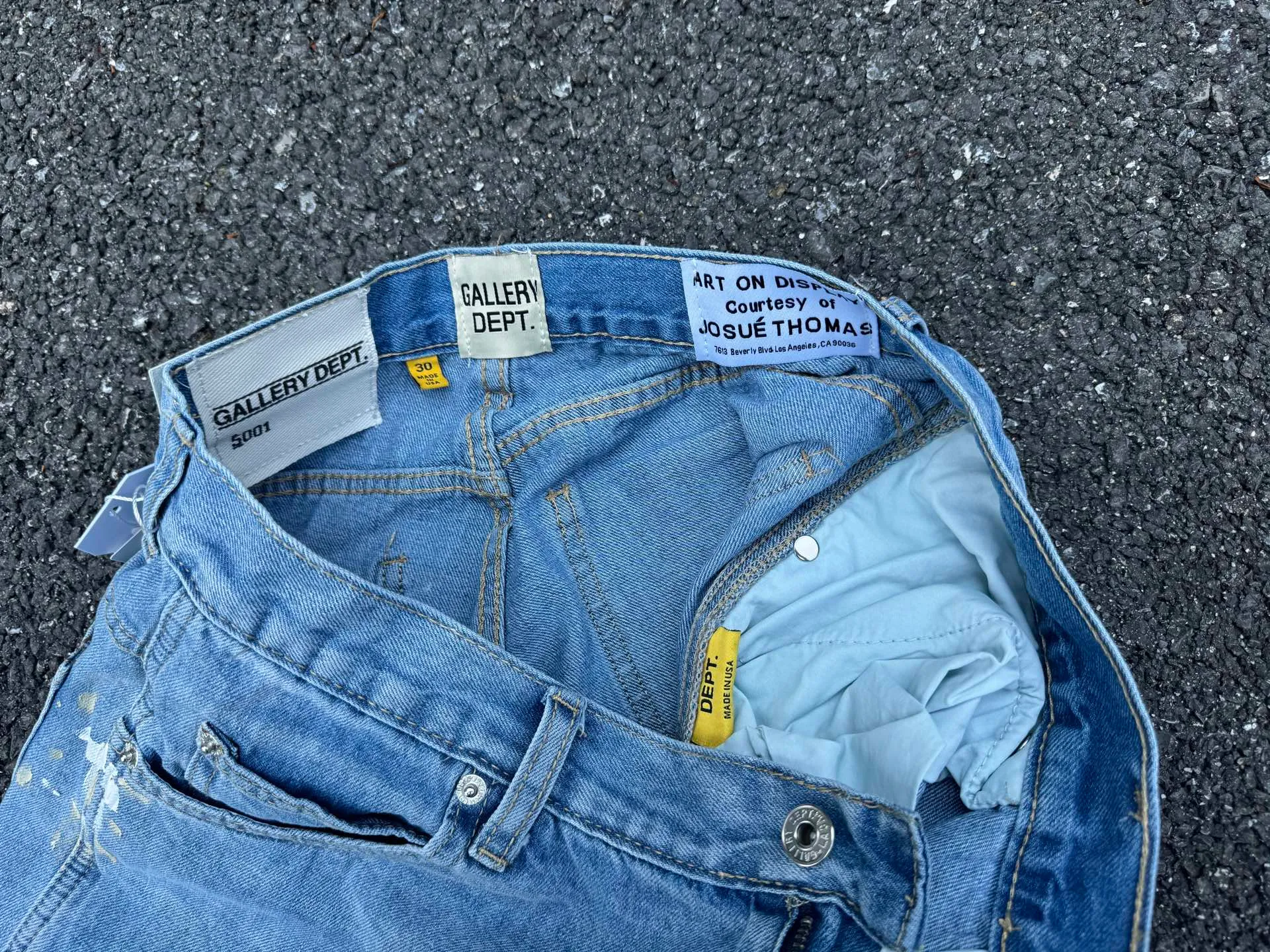 P200💰GD098 GALLERY DEPT splashing ink and paint destroying the edges, retro washed and distressed high street logging workwear denim shorts Workmanship: original accessories Customized original Logo buttons YKK zippers 6 complete labels Original hang tag Color: blue Size: S-XXL (28 30 32 34 36)